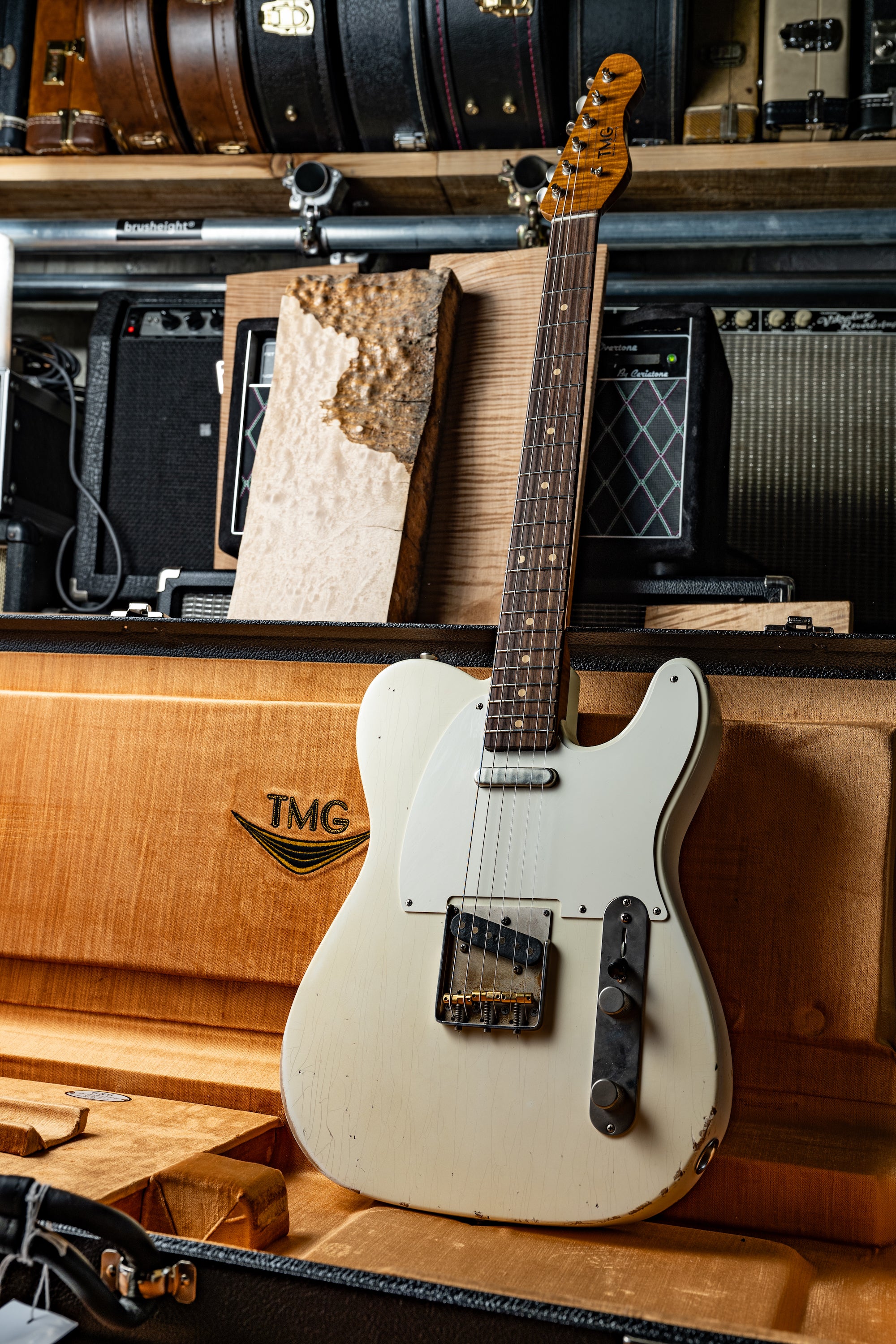 TMG Guitar Co. Gatton “Olimpic White” Medium Aging & Checking Roasted 5A Flame Maple