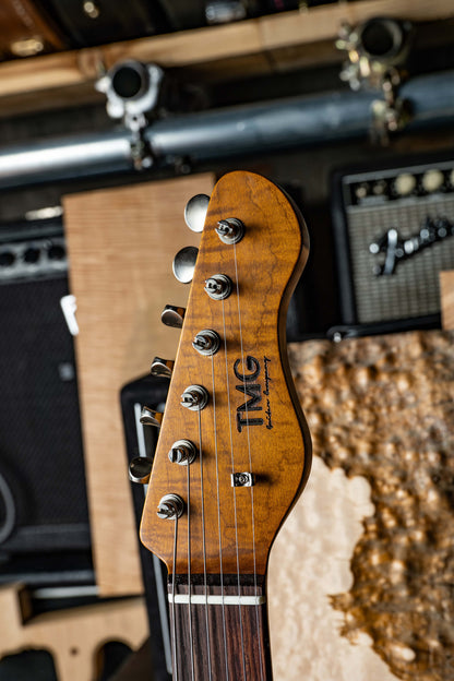 TMG Guitar Co. Dover SSS Black over Pink Paisley “Roasted 5A Super Flame Maple” Heavy Aging & Check