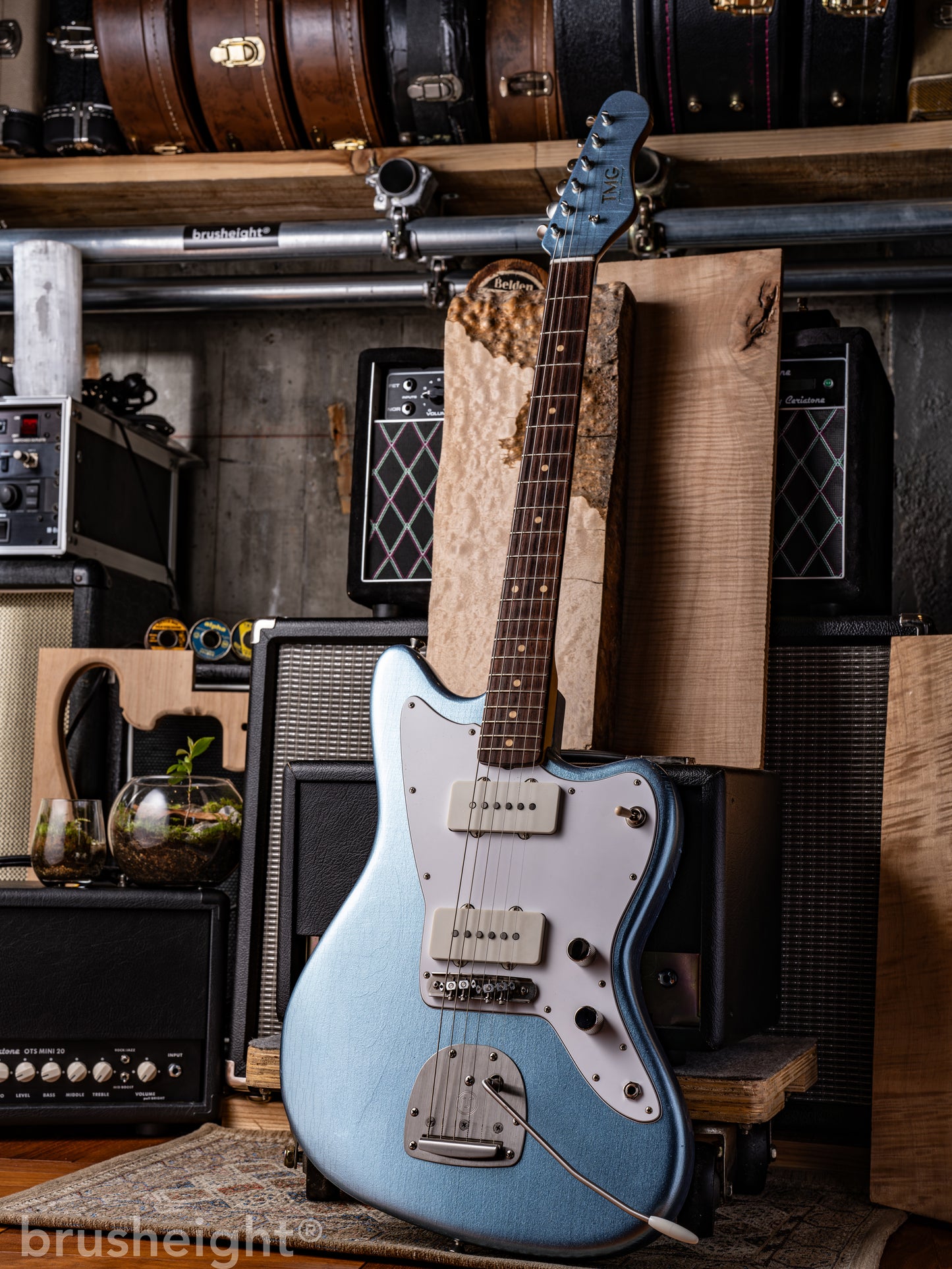 TMG Guitar Co. Ronnie Scott&nbsp; “Iced Blue Metalic” Medium Checking&nbsp; Matching Head  with lollar Pickups